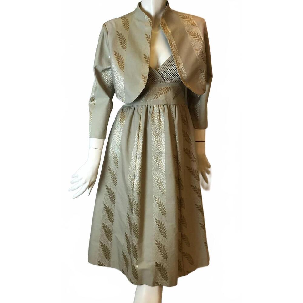 NEW FRANCESCA MIRANDA women's leaf print dress and jacket combo in taupe